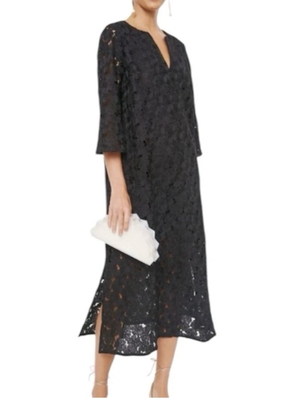 Tuckernuck NWT Black V-Neck Floral Lace Eyelet Jamie Midi Caftan Shift Dress S